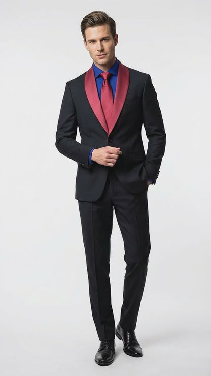 Men’s Black Suit with Burgundy Shawl Lapel –  Formal Tuxedo Suit for Wedding, Prom and Evening Events + Bowtie & Tie