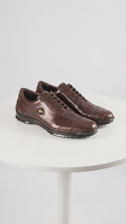 Men’s Los Altos Brown Caiman Crocodile Patchwork Casual Shoes, Exotic Leather Lace-Up Shoes
