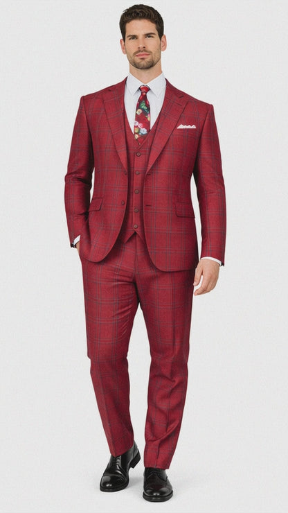Rossiman Suit – Red & Blue Plaid Windowpane Double-Breasted Suit for Men