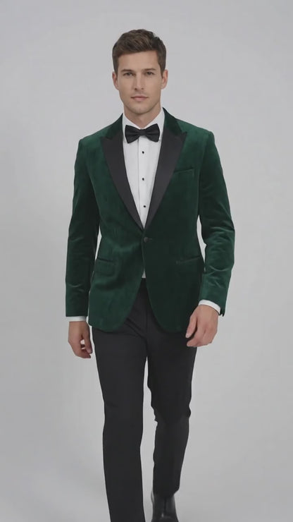 Men’s Olive Green Velvet Tuxedo Dinner Jacket – Black Satin Peak Lapel Formal Prom Wedding Blazer