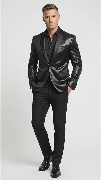 Men’s Shiny Black Tuxedo Blazer – Glossy Formal Jacket for Party Dinner Jacket Shawl Collar