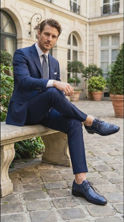 Mezlan Blue Crocodile Alligator Embossed Leather Dress Shoes for Men – Luxury Lace Up Oxford Shoes – Blue Exotic Pattern Formal