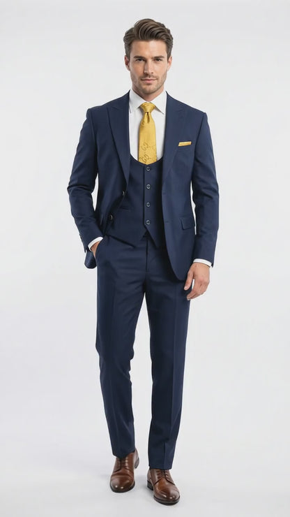 Mens Vitali 3 Piece Suit W/Scoop Vest Navy Blue 3-Piece Suit – Big Peak Lapel  Vest and Pants  Modern Fit Two Buttons
