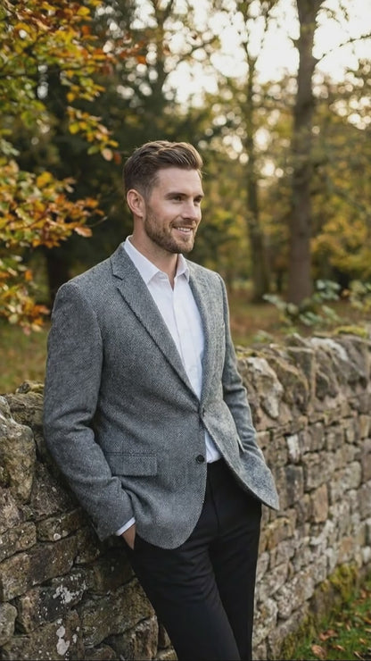 Men’s Grey Harris Tweed Blazer Jacket, Classic Herringbone Wool Sport Coat for Business Casual