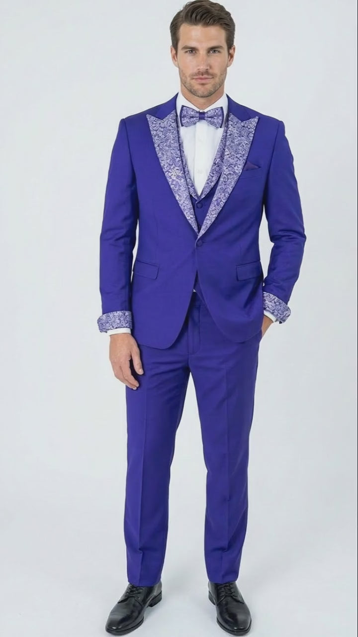 Men’s Purple and white sivler lapel  Embellished Tuxedo Suit –  Formal Wedding, Prom, and Gala Outfit Mardi Gras