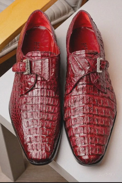 Marco Di Milano Rovigo Men's Shoes Wine Exotic Crocodile Skin Single Monk-strap Loafers
