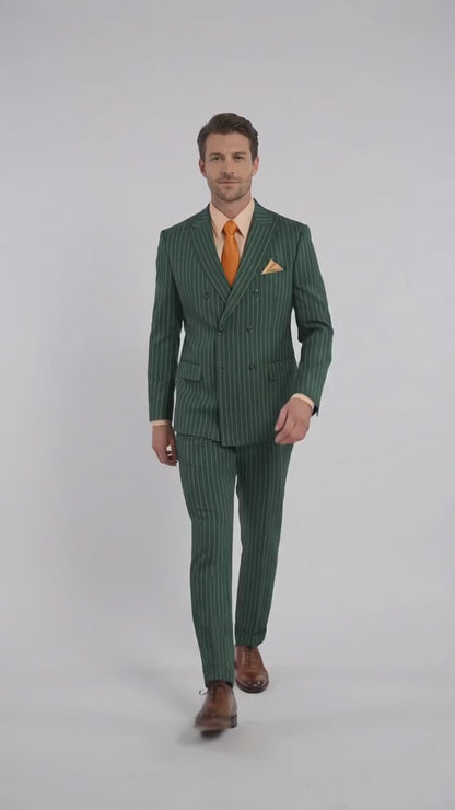Men’s Hunter Green Pinstripe Double Breasted Suit – Vintage 1920s Great Gatsby Gangster Style