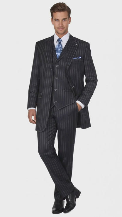 Men’s Three Button Suits -  Navy Blue Pinstripe Three-Piece Suit – Classic Business and Formal Wear with Tailored Fit