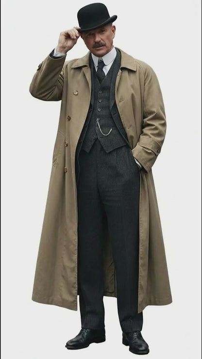 Men’s Beige Cotton Trench Coat Suit Package – Classic Long Overcoat for Formal + Suit + Hat