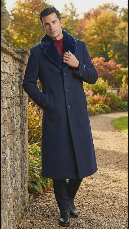 Men’s Dark Navy Blue Long Overcoat with Faux Fur Collar, Classic Winter Dress Coat for Formal