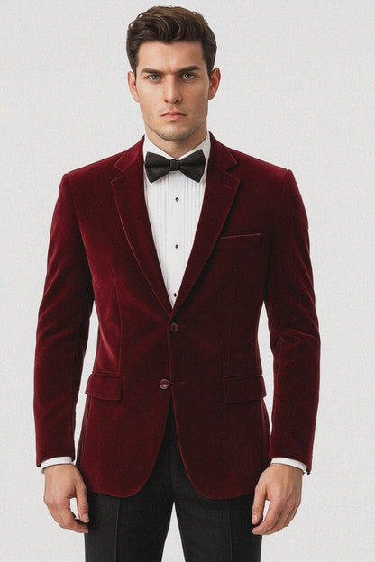 Mens Modern Fit 2 Button Velvet Blazer in Burgundy