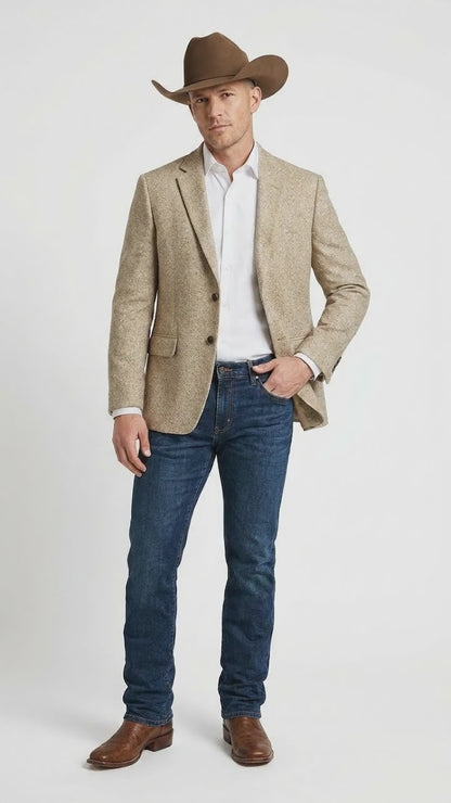 Men’s Light Tan Sand Tweed Cowboy Blazer – Country Style Western Jacket for Casual, Ranch, Saco Para Vaquero
