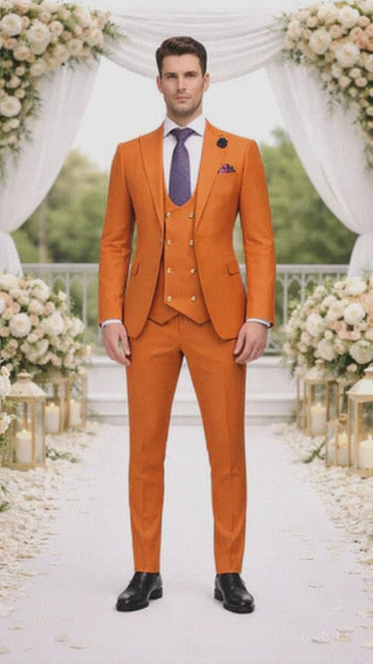 Rossiman Men's Rust Slim Fit Suit – 3-Piece Set with Double-Breasted Vest & Flat Front Pants