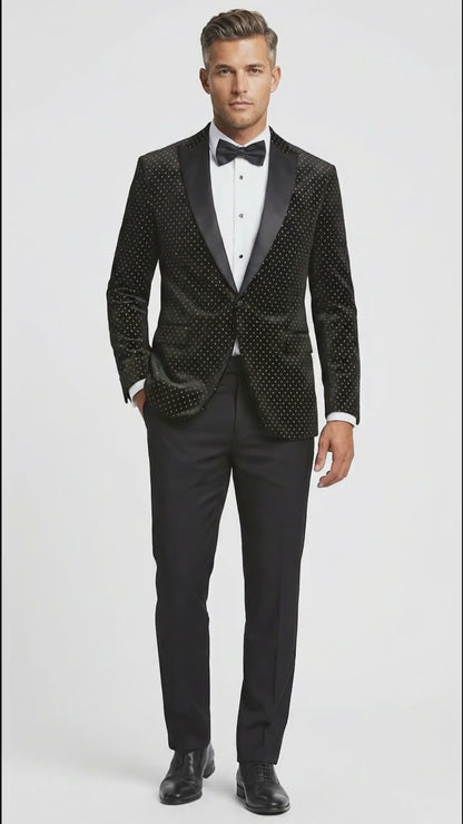 Men’s Black Velvet Dinner Jacket Blazer with Satin Lapel – Formal Evening Tuxedo Style Jacket Polk Dots Pattern + Free bowtie