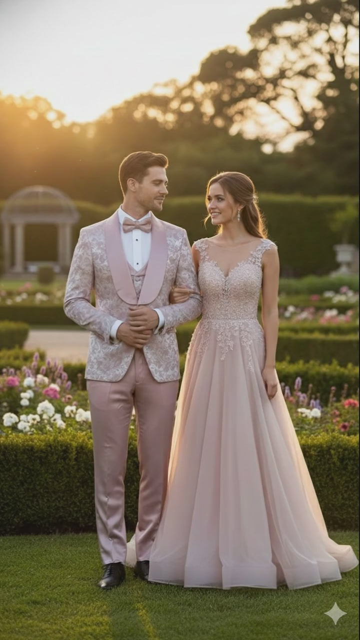 Men’s Light Pink Dusty Rose -  Floral Tuxedo Suit – Luxury Satin Shawl Lapel 3-Piece Formal Wedding and Prom Suit in Blush Mauve color