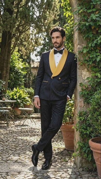 Men’s Black and Gold Jacquard Tuxedo Suit – Luxury Slim Fit Formal Wedding, Prom, and Gala Outfit