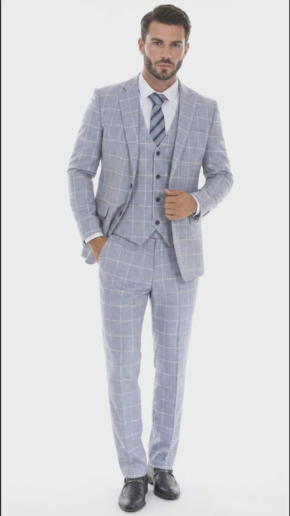 Mens Light Blue Plaid Three Piece Suit – Windowpane Check Wedding and Business Formal Suit Set