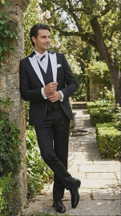 Men’s Black and White Lapel Prom Tuxedo Suit + Black Vest + Black Pants Peak Lapel