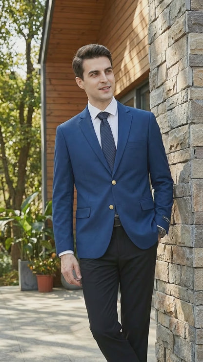 Men’s Sapphire Indigo Cobalt Blue Blazer with Gold Buttons – Classic Single Breasted Formal Business Jacket for Office, Wedding