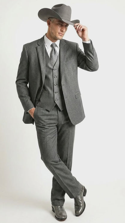Men’s Grey 2 Button Trim Cowboy Tuxedo with Vest, Western Wedding Formal Suit