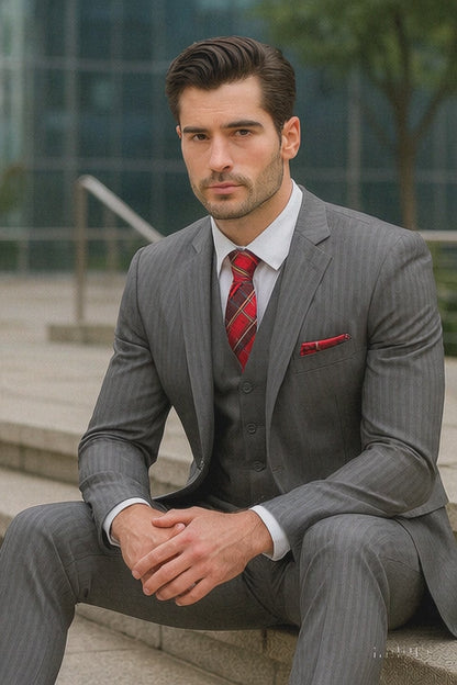 Mens Classic Vested Pinstripe Suit in Medium Grey
