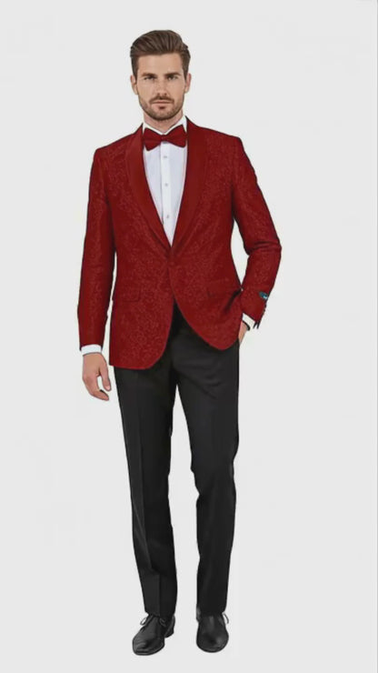 Big and Tall Men’s Burgundy Paisley Tuxedo Jacket – Satin Shawl Lapel Blazer with Bow Tie for Weddings, Proms, and Special Events
