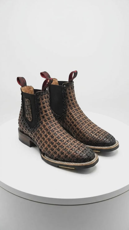 Men’s Petatillo Square Toe Boots in Brown and Black, Western Ankle Cowboy Boots