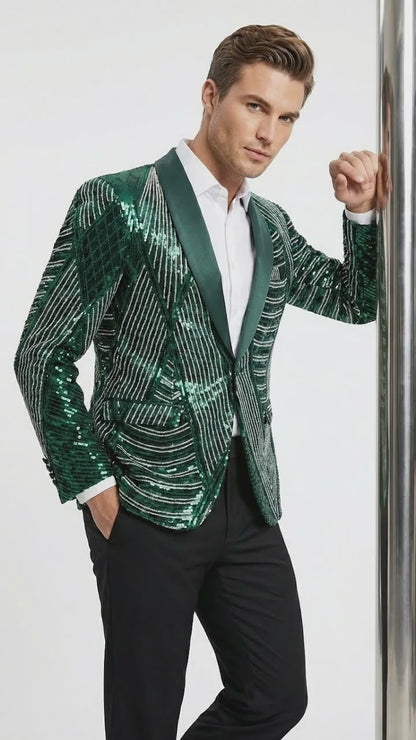 Mens Green Sequin Christmas Holiday Blazer – Luxury Party Jacket for New Year, Wedding and Festive Events New Year Jacket