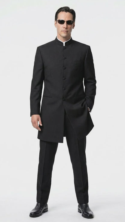 Men’s Black Coat Matrix Keanu Reeves Inspired Long Coat – Classic Mandarin Collar Formal Overcoat, Stylish Winter Trench Coat, Neo Style Jacket