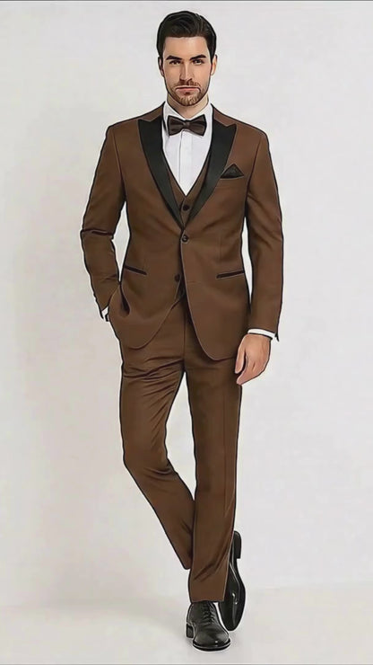 Men’s Light Brown Tuxedo Suit with Black Satin Lapel – 3 Piece Formal Wedding & Prom Outfit - Country Look