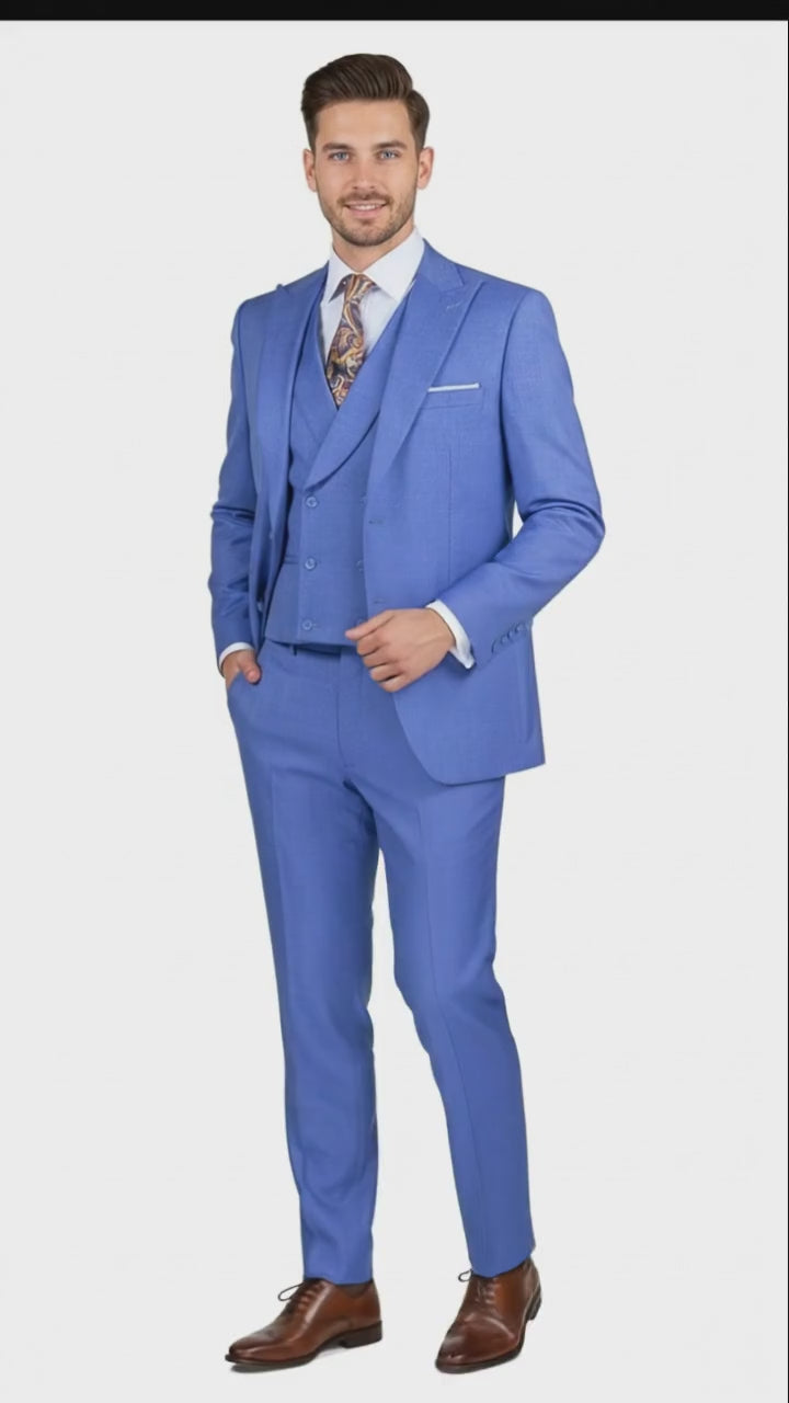 Men’s Light Blue Double-Breasted 3-Piece Suit Set – Tailored Fit Formal Business Suit in Steel Blue Sky Blue Color