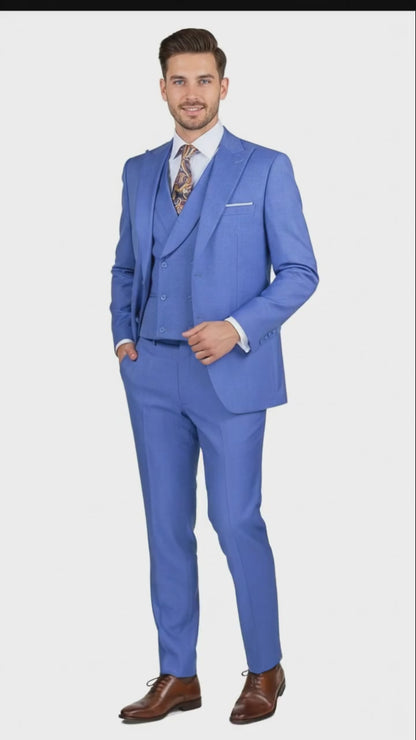 Men’s Light Blue Double-Breasted 3-Piece Suit Set – Tailored Fit Formal Business Suit in Steel Blue Sky Blue Color