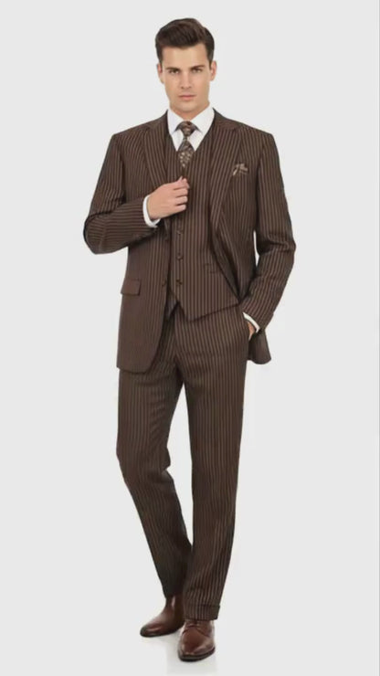 Men’s Brown Pinstripe 3-Piece Suit – Classic Business and Formal Wear with Vest
