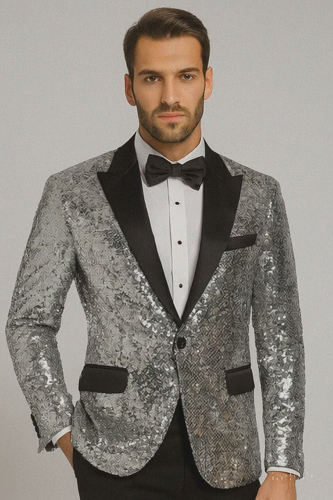 Men’s Silver Sequin Tuxedo Jacket with Black Satin Lapel – Event Blazer