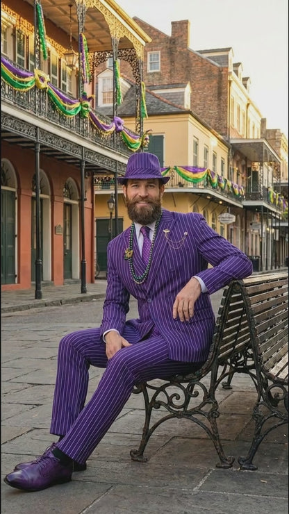 Men’s Purple Pinstripe Mardi Gras Suit | Classic Double Breasted Formal Carnival Suit