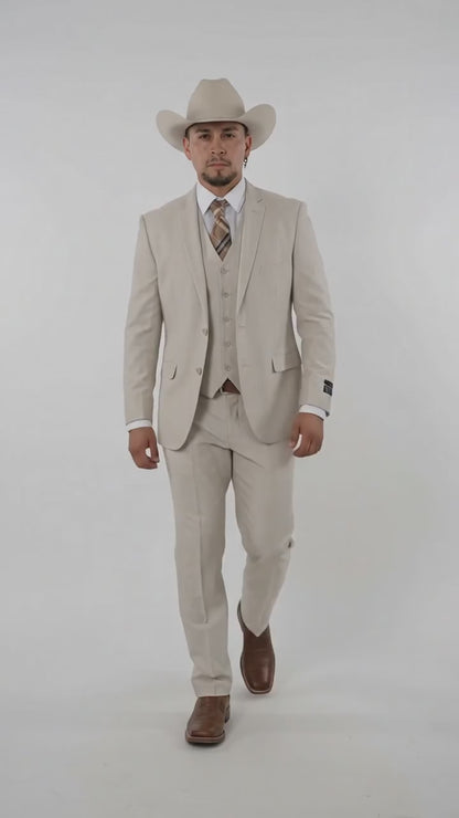 Men’s Sand champaign  Western Cowboy 3-Piece Suit – Light Cream Wedding Suit with Vest & Pants Slim Fitted