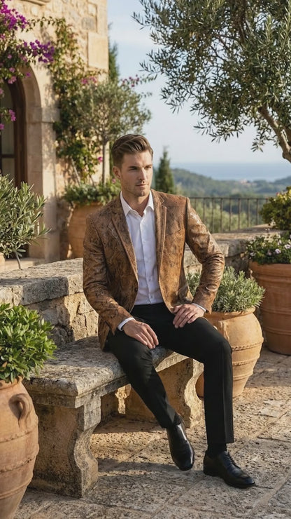 Men’s Brown Snakeskin Pattern Blazer – Stylish Exotic Print Formal Blazer Jacket for Party, Exotic Crocodile Alligator Print
