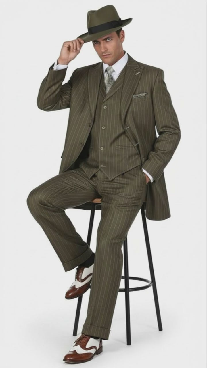 Mens Olive Green Pinstripe Zoot Suit – 1920s Gangster Vintage 3-Piece Suit for Formal and Themed Events