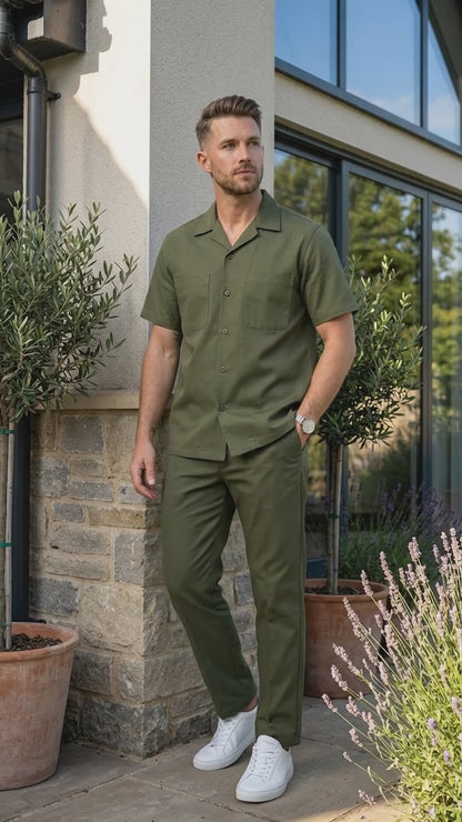 Men’s Olive Short Sleeve Walking Suit with Button Front Shirt and Matching Pants