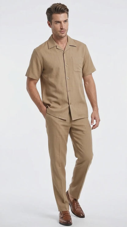 Men’s Tan Short Sleeve Walking Suit Casual Summer Leisure Set 2 Piece Shirt and Pants Outfit