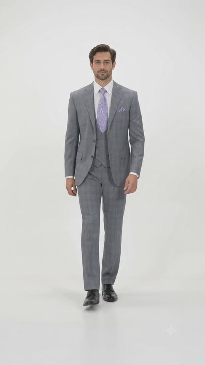 Mens 2 Button Plaid Double Breasted Fancy Scoop Vest Suit in Grey