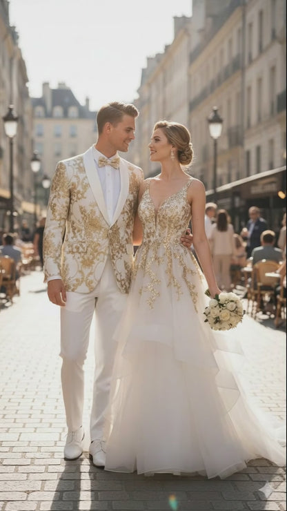 Mens White and Gold Floral Tuxedo Jacket with Satin Lapel – Luxury Prom, Wedding and Formal Dinner Blazer
