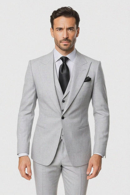 Suits With Baggy Pleated Pants - Wide Leg Pants 100% Wool - Classic Fit in Grey One Button 3 Piece Suit by Rossiman