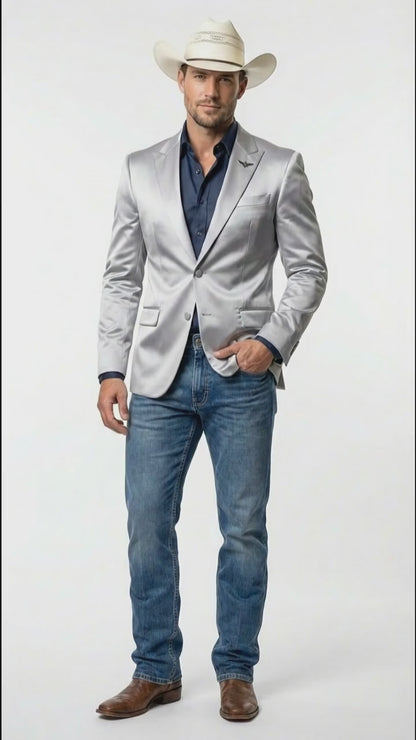 Mens Shiny Silver Cowboy Blazer – Western Style Satin Finish Blazer for Party, Country Events and Evening Wear