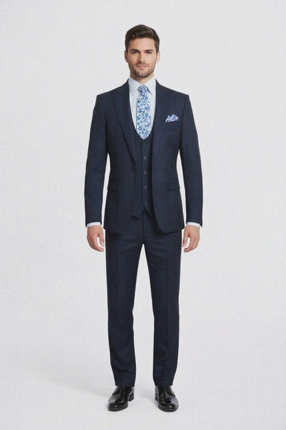Rossiman Blue Men's Slim-Fit Vested Suit Flat Front Pants