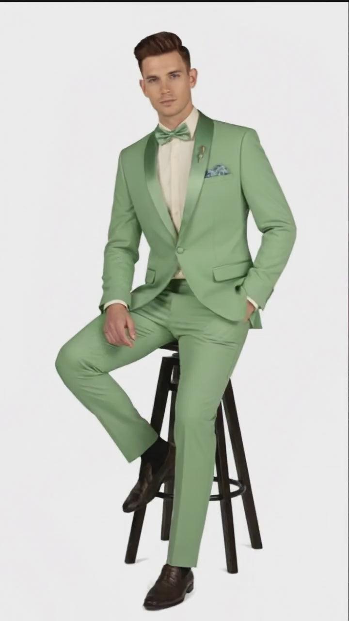 Men’s Mint Green Tuxedo – 2-Piece Formal Suit with Satin Shawl Lapel and Matching Bow Tie in  Sage Green