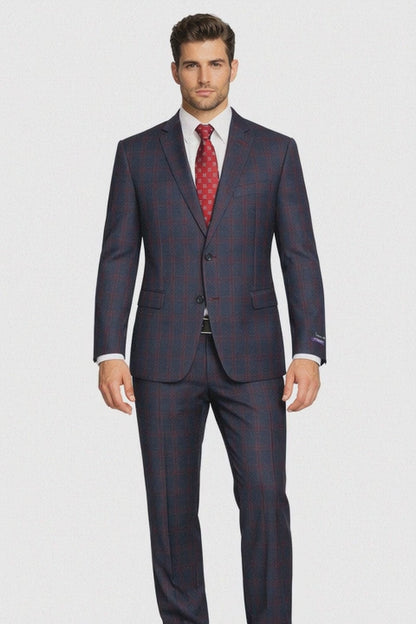 Mens Plaid Suits - Windowpane Wool Suits - Navy Blue with Dark Burgundy Pattern - Business Suit  in Classic Fit