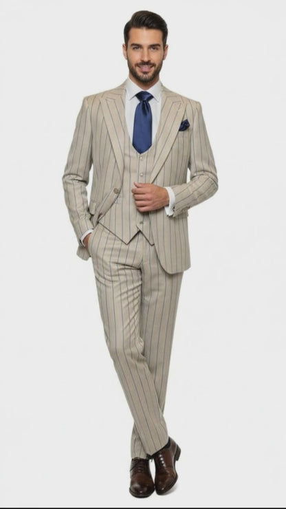 Men's Beige with blue Pinstripe Three-Piece Suit with Vest by Rossiman Vested Peak Lapel in Tan Stripe 1920s style