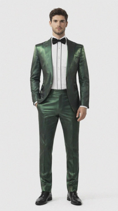 Rossiman Men’s Green Sateen Suit – Glossy Finish with Modern Flair