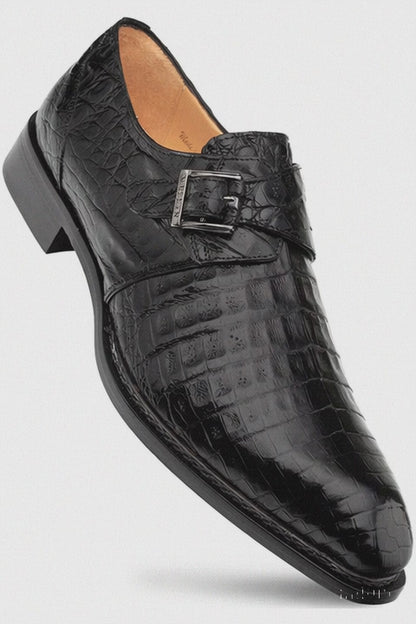 Gigolo Black Crocodile Single Monk-Strap Loafers By Mezlan Made In Spain Brand